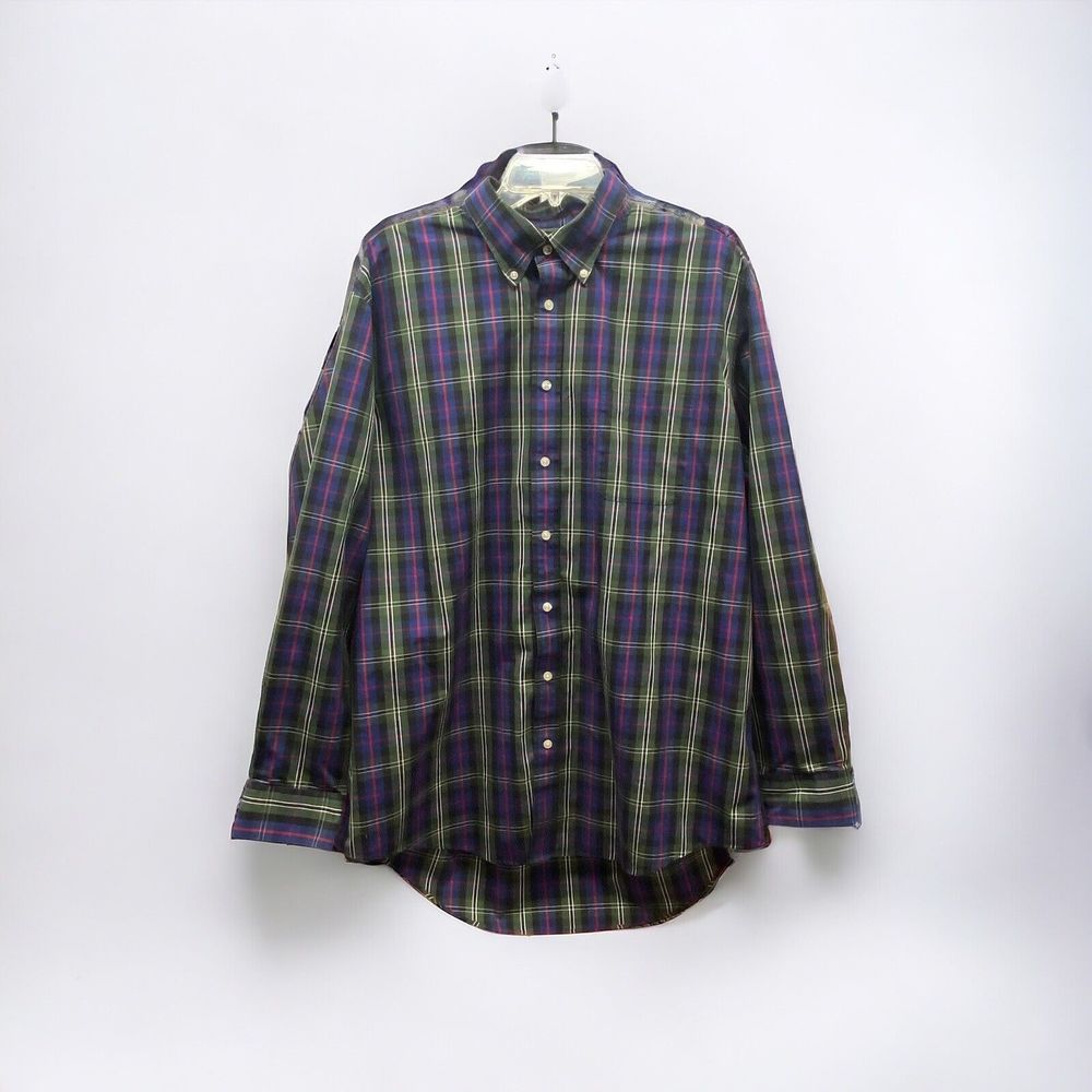 Lands End Button Down Shirt 17.5 36 Tall Blue Green Red Dress Top No Iron